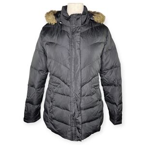 Larry Levine Down Black Puffer Coat Faux Fur Removable Hood Women’s L